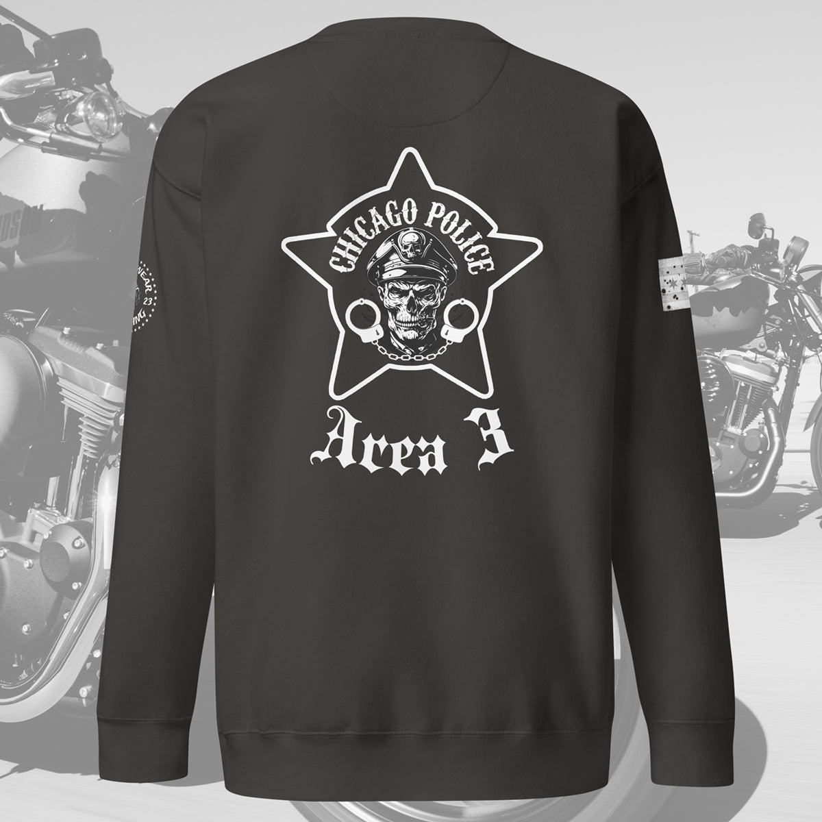 Area 3 - Chicago Police Detective Division Area 3 Biker Inspired Crewneck Sweatshirt By Alpha Wear