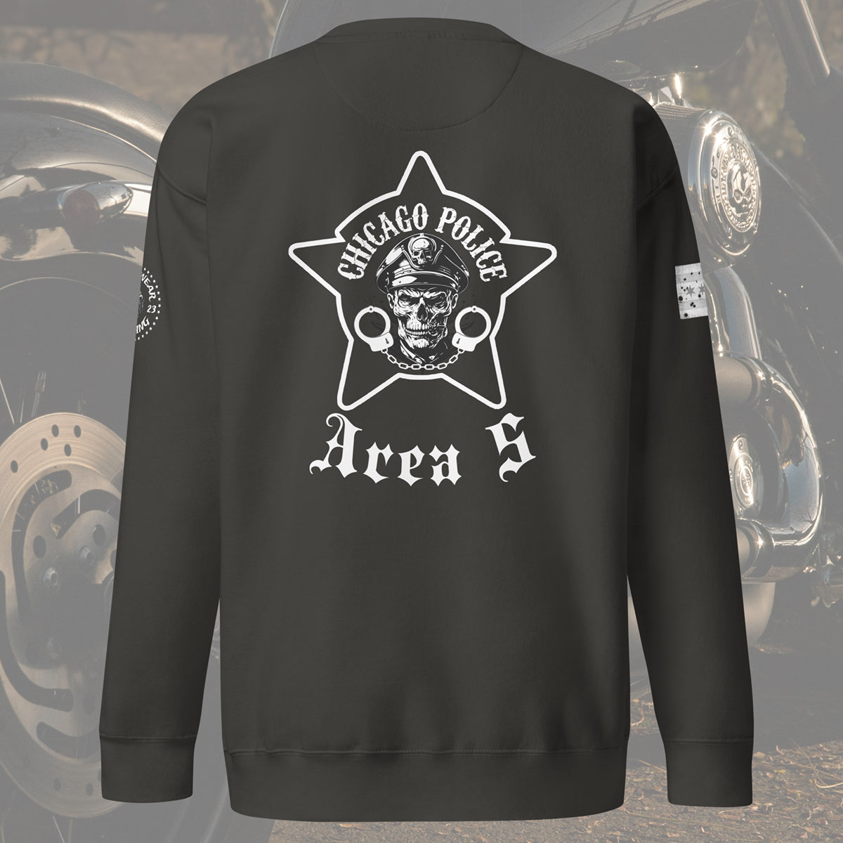 Area 5 - Chicago Police Detective Division Area 5 Biker Inspired Crewneck Sweatshirt Noodie By Alpha Wear