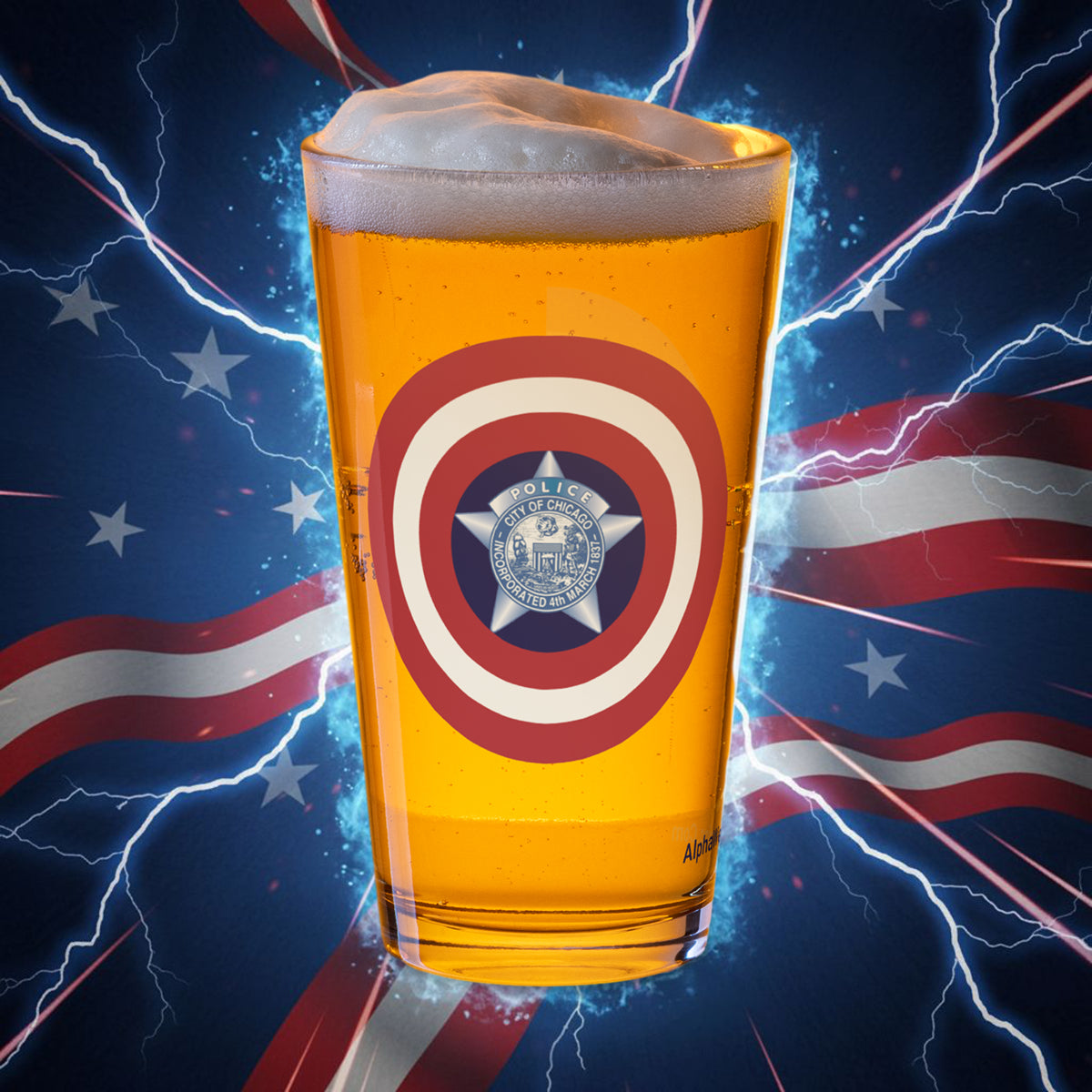 Pint glass with Captain America shield design filled with beer, against a background with American flag and lightning effects.