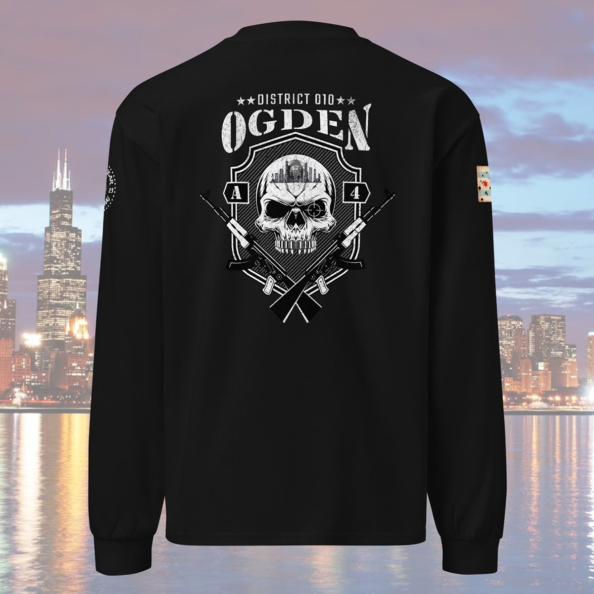 District 010 - Chicago Police 010th District Ogden “Sniper Skull” Heavy Weight Long Sleeve T-Shirt by Alpha Wear