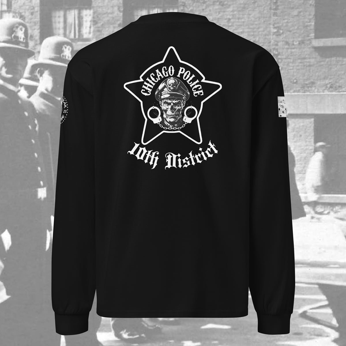 District 010 - Chicago Police 010th District Marquette Ogden Biker Inspired Heavy Weight Long Sleeve T-Shirt by Alpha Wear