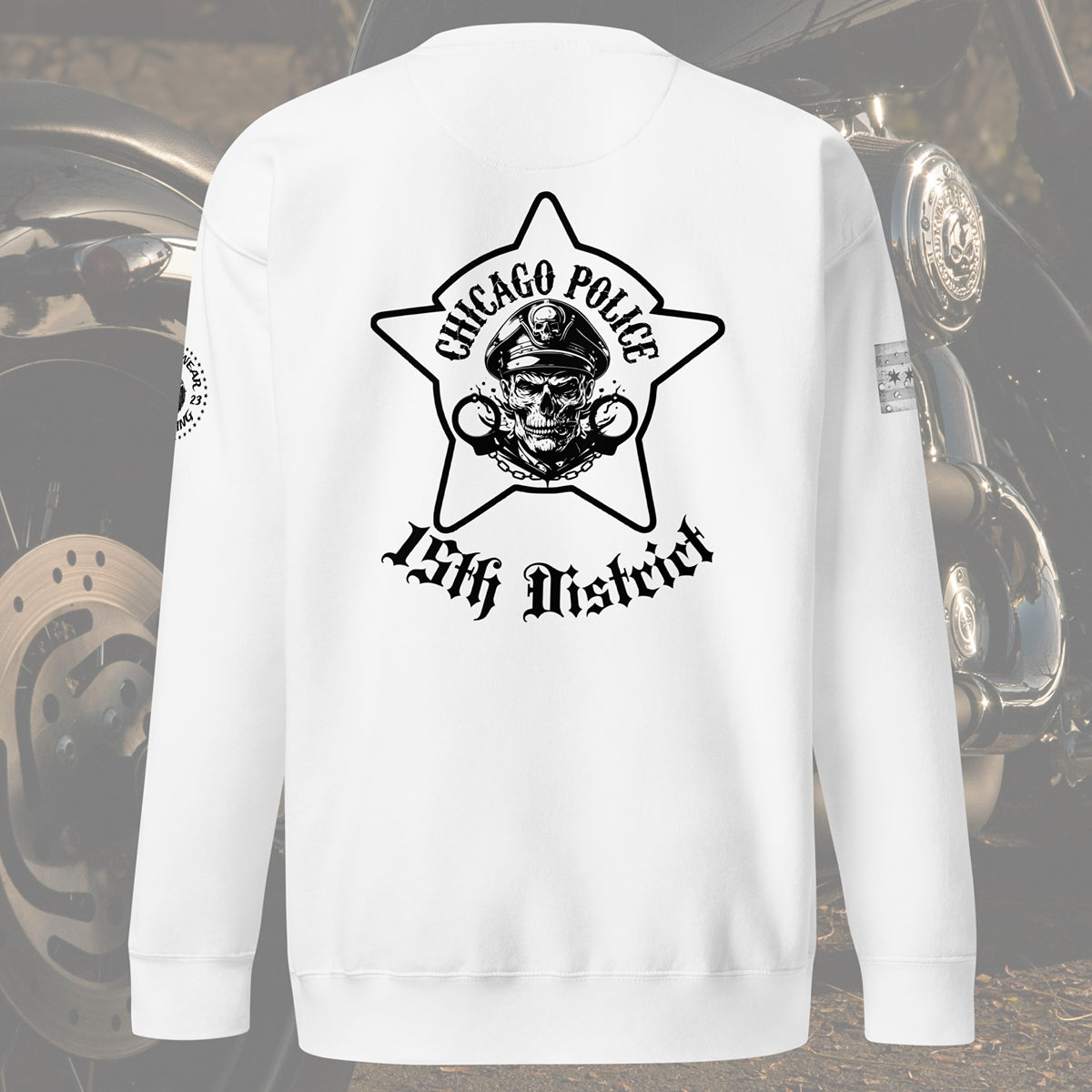 District 015 - Chicago Police 015th District Austin - CPD Biker Inspired Crewneck Sweatshirt By Alpha Wear