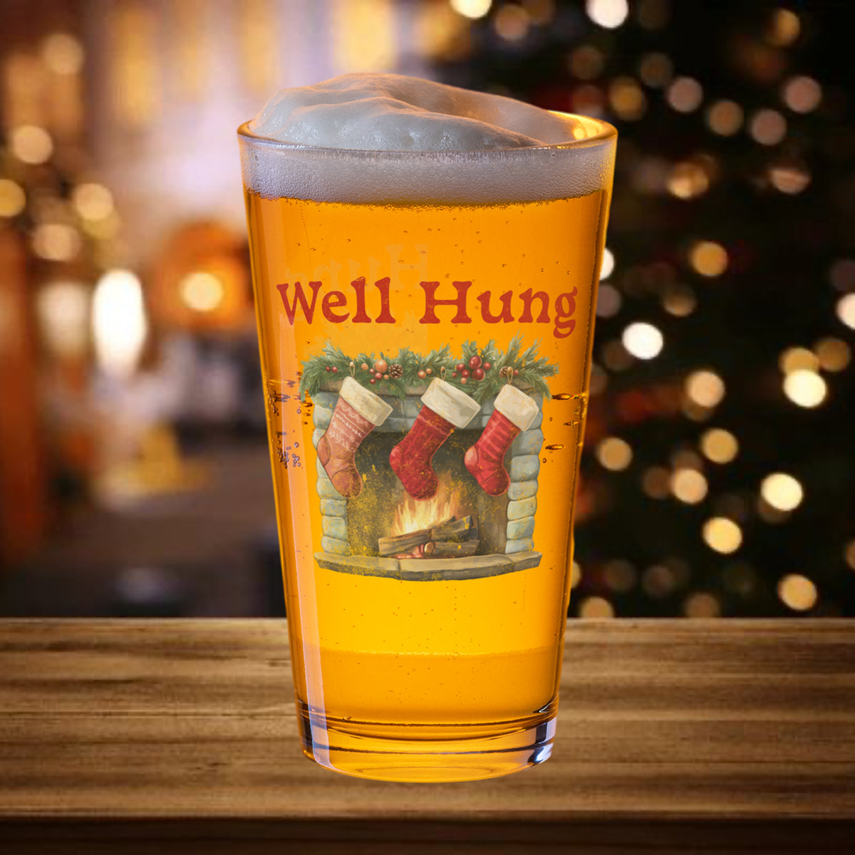 “Well Hung” Funny Christmas Holiday Pint Glass Mug by Alpha Wear