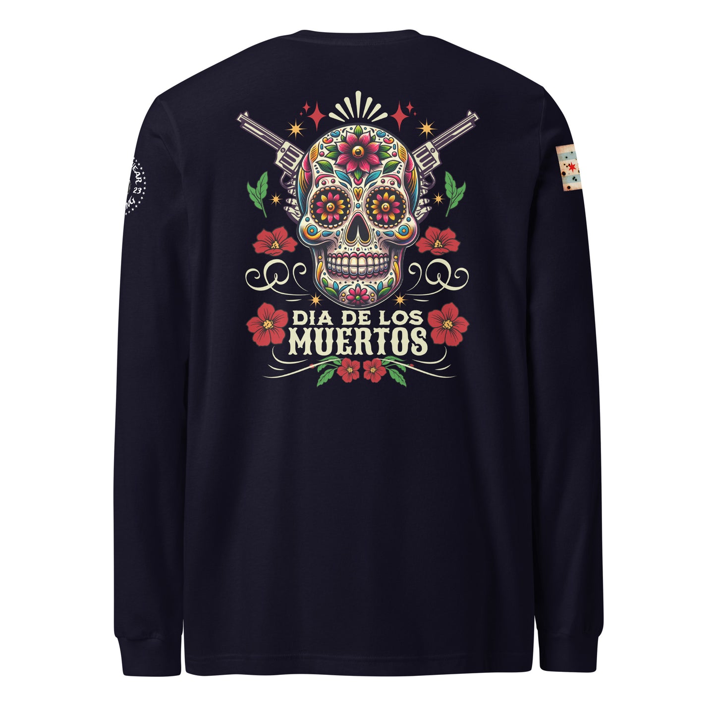 Black long sleeve CPD Día de los Muertos tee with colorful skull artwork