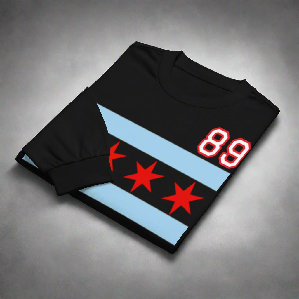 Chicago Hockey Premium Customizable Chicago Flag Heavy Weight Long Sleeve T-Shirt by Alpha Hockey Club