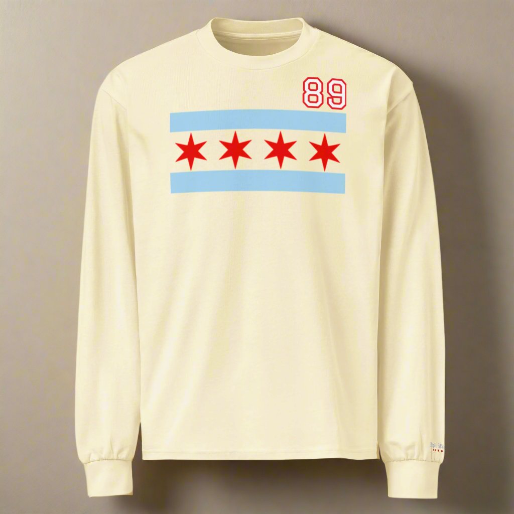 Chicago Hockey Premium Customizable Chicago Flag Heavy Weight Long Sleeve T-Shirt by Alpha Hockey Club