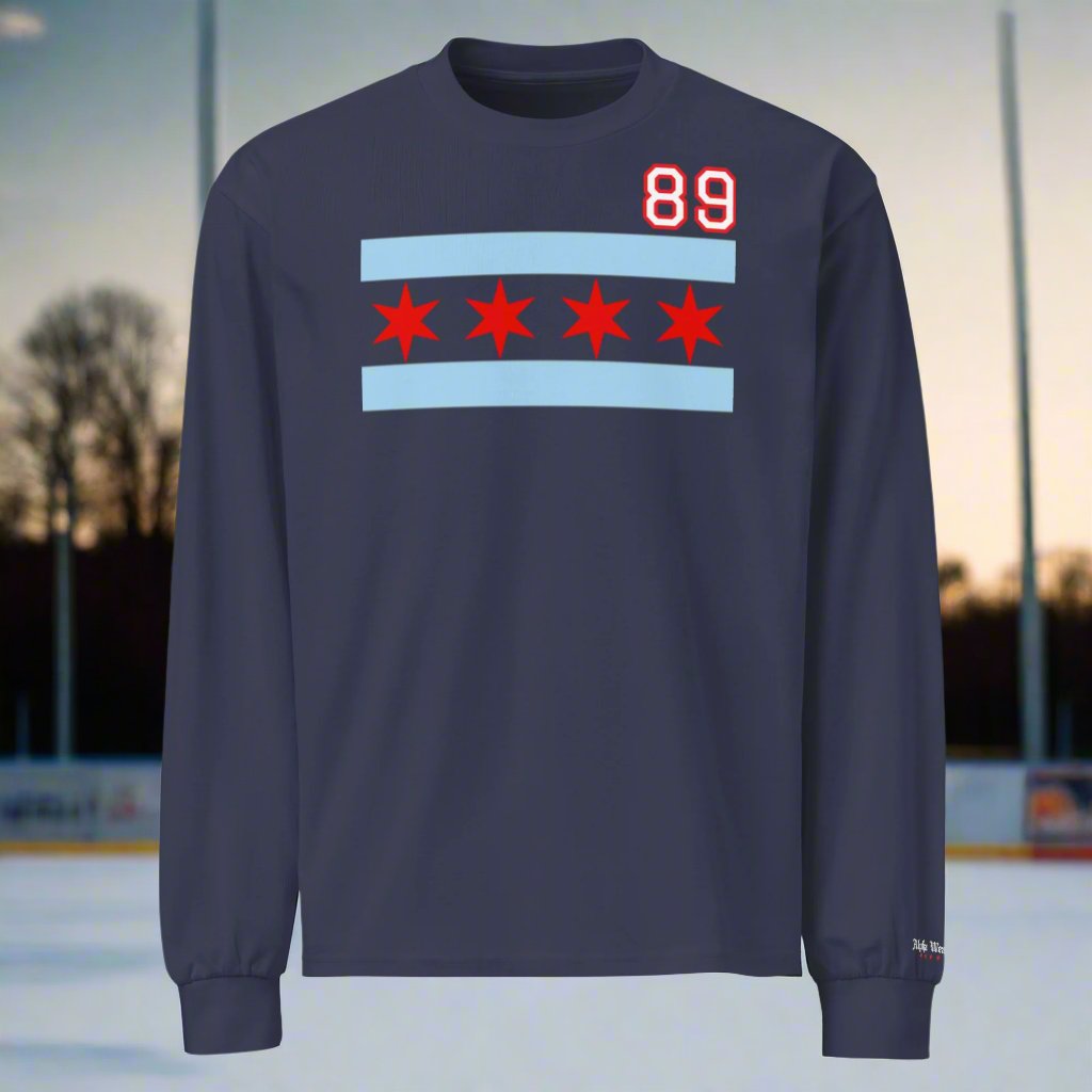 Chicago Hockey Premium Customizable Chicago Flag Heavy Weight Long Sleeve T-Shirt by Alpha Hockey Club